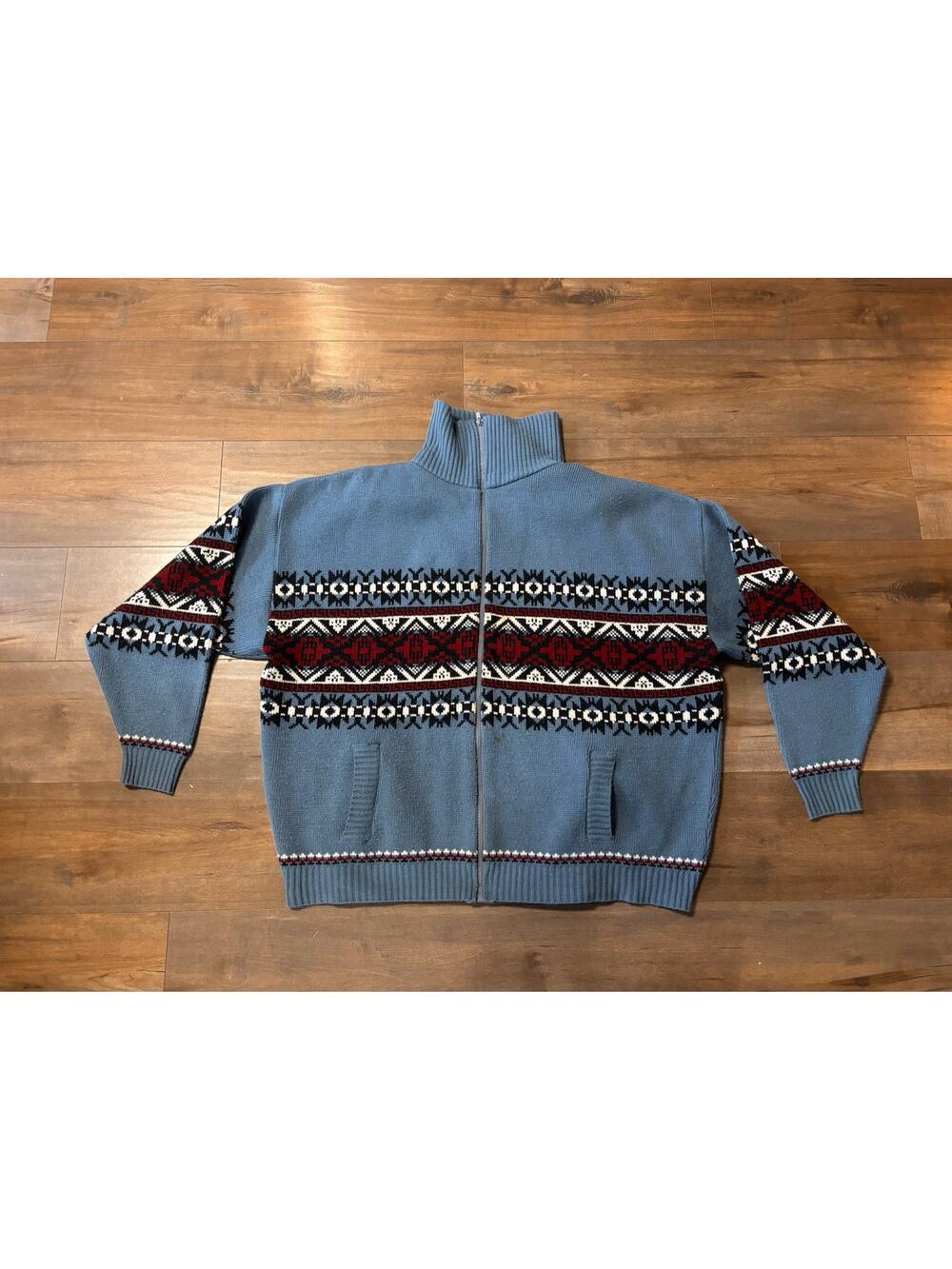 XL Ski Sweater Scandia Woods Vintage Blue Zip Cardigan Nordic Aztec